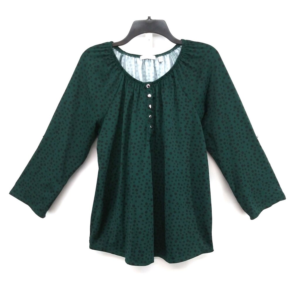 Notations Blouse Women Size PXL Green Animal Spot 3/4 Roll Tab Sleeve Round Neck